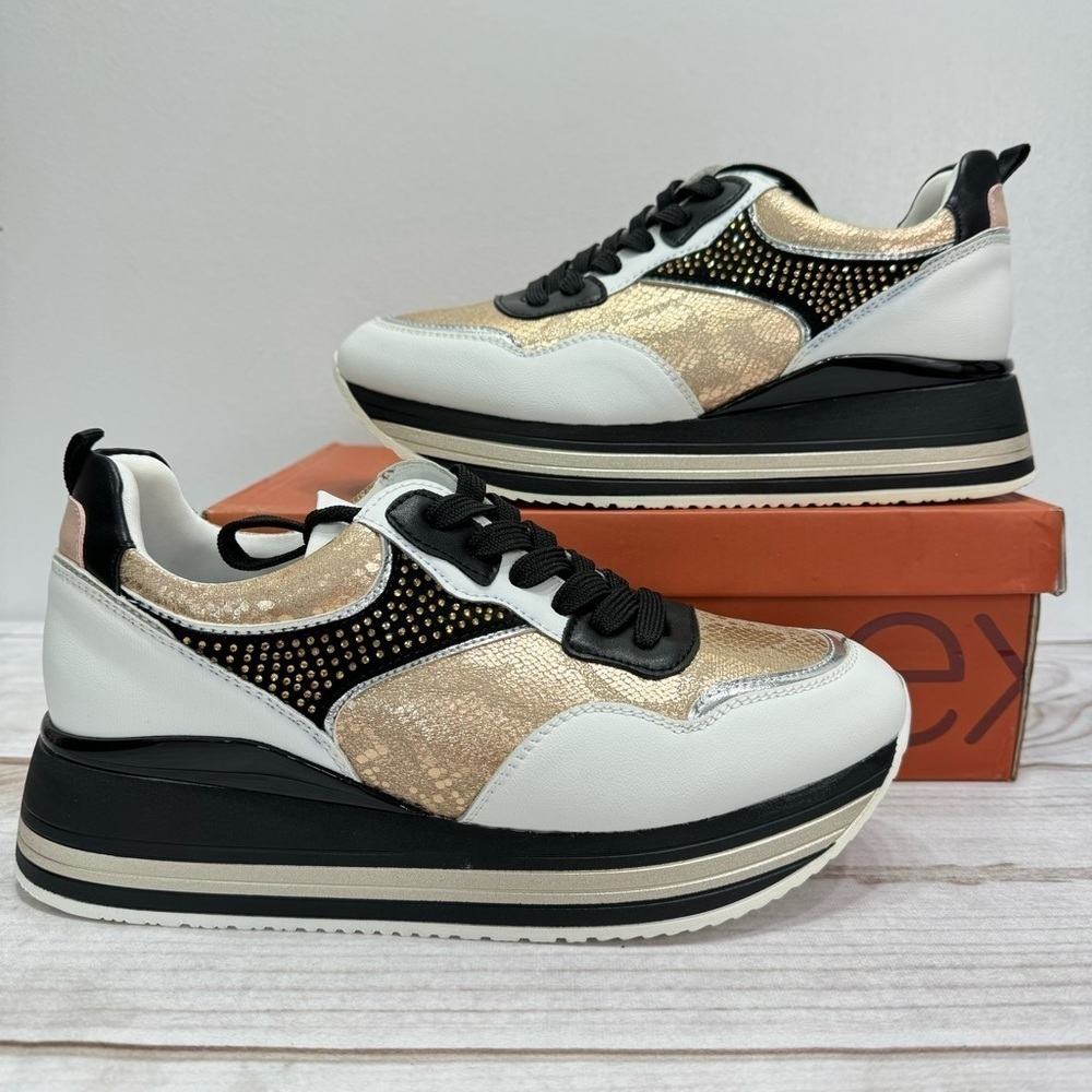 NEW exe Ivory Gold & Black Rhinestone Detail Wedge Heel Platform Sneakers